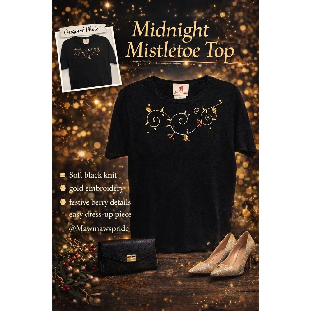 Quacker Factory Midnight Mistletoe Top Black Gold Embroidered Holiday Sweater XS